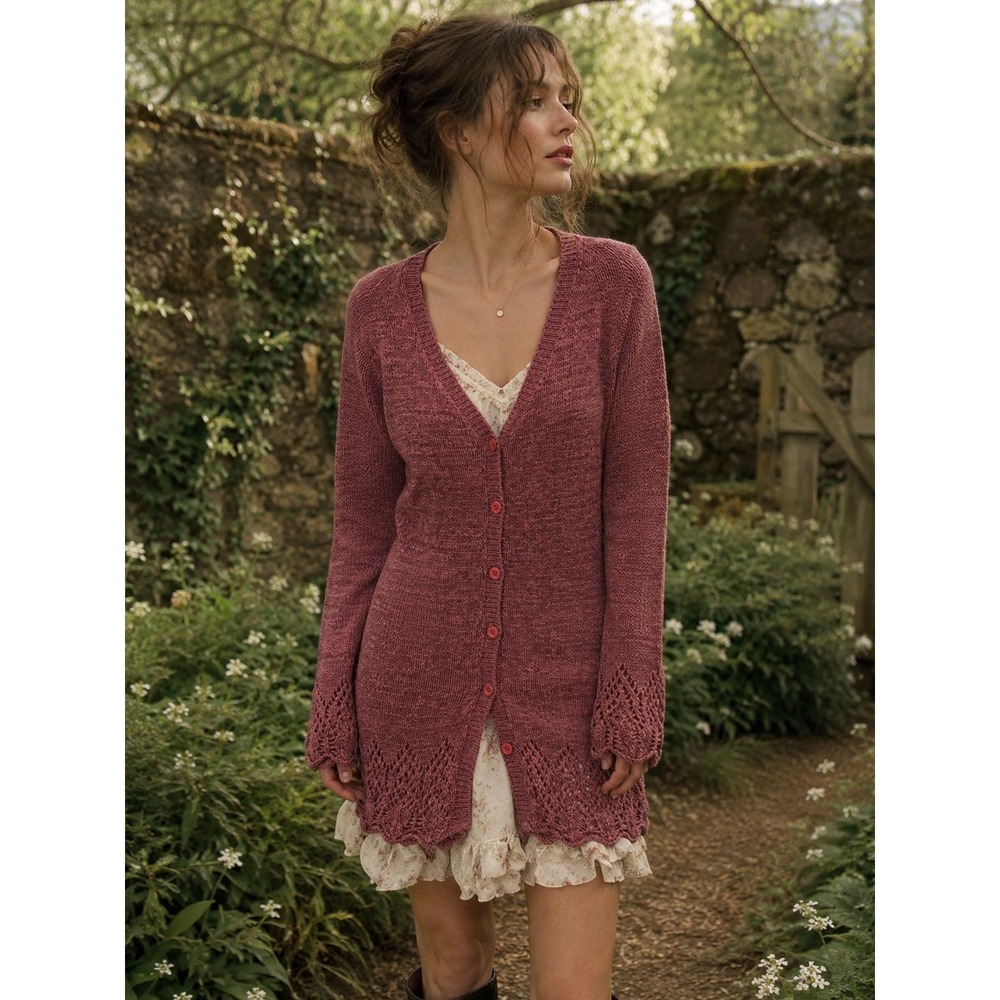 Vintage Y2K Open Crochet Knit Rose Cardigan Duster L Cottage Whimsygoth Feminine